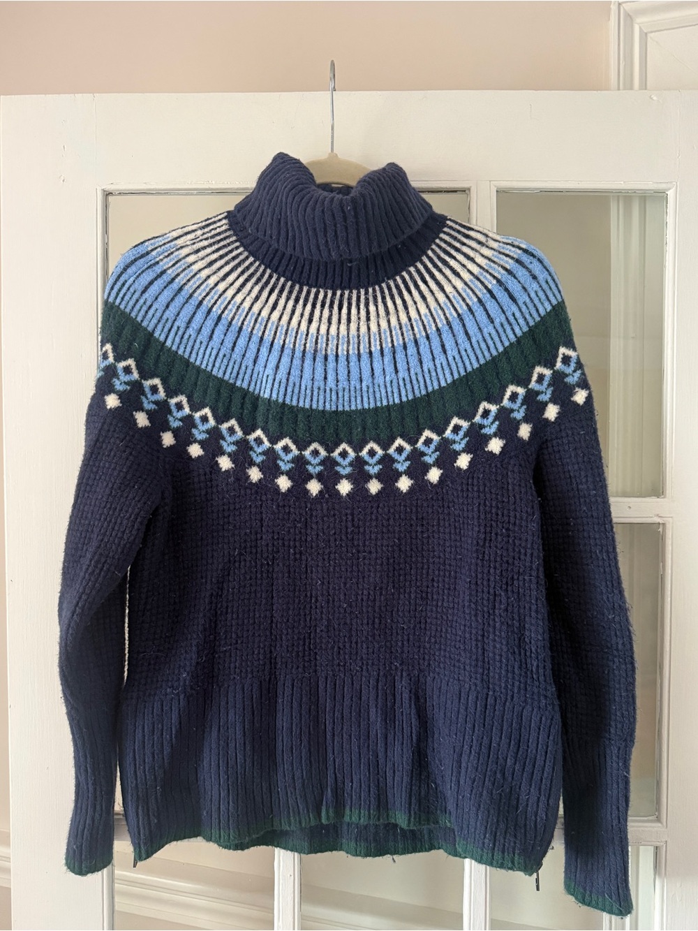 L.L. Bean Navy Turtleneck Fair Isle Sweater with Blue and White Yoke
